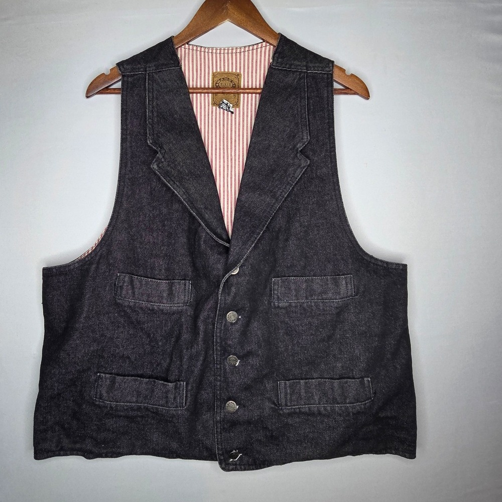 Wah Maker True West Black Denim Vest XL 80's Western Rodeo Country Cowboy‎ USA